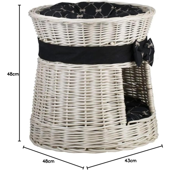 Кругла котяча хатинка e-wicker24 з плетеної лози, двоярусна, з подушкою та стрічкою, котячий будиночок (кремовий/чорний)
