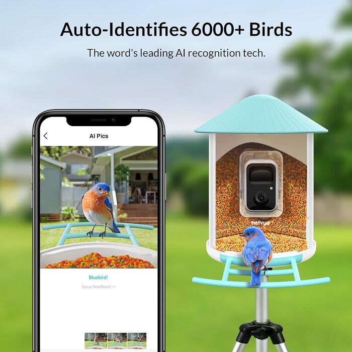 NETVUE Birdfy розумна годівниця для птахів з камерою, Wi-Fi, сонячною панеллю та безкоштовною AI-ідентифікацією птахів, автоматичний відеозапис, синя
