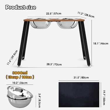 Підвищені годівниці для собак великих та надвеликих порід, з нековзною основою, об'єм 2.863 мл (46 см), коричневий колір.