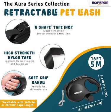 Рулетка для собак Emperor Pets Aura BB16, міцна, зручна, з відбивачем, до 50 кг, чорна