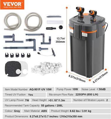 VEVOR Фільтр для акваріума 225 GPH, 2-ступеневий каністровий фільтр 208 л, ультратихий внутрішній фільтр з УФ-захистом, занурюваний багатофункціональний фільтр для акваріумів, 10 Вт