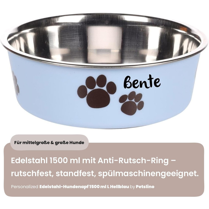 Персоналізований миска для собак з нержавіючої сталі 2200 мл – антиковзний кільце – для великих собак – з іменем – Petslino (Світло-блакитний, L)