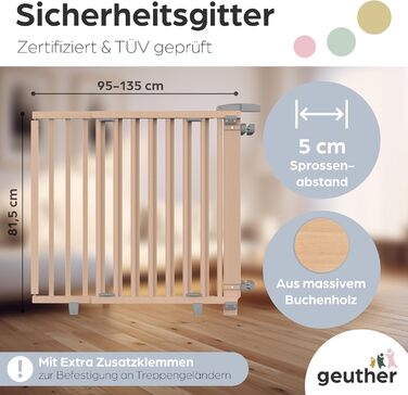 Захист для сходів Geuther Oris | Дверний захист для сходів з кріпленням, 2 клямки для поручнів, ширина регулюється | Стабільне дерев'яне дитяче ворота, натуральний лак (натуральний, 95-135 см)