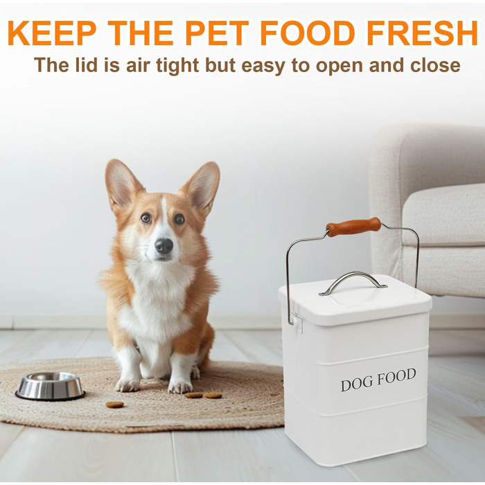 Контейнер для корму для собак з металу, 2.3 кг – герметичний контейнер для зберігання корму з кришкою, дерев'яною ручкою та ложкою – білий контейнер для сухого корму, ласощів, печива для собак – вінтажна коробка для запасів