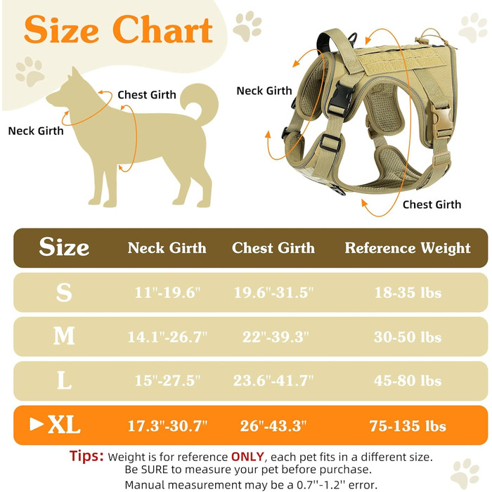 Тактичний нашийник для собак VavoPaw з панеллю MOLLE та світловідбиваючими смугами, армійсько-зелений, розмір L (45-80 кг, обхват грудей 23.6-41.7', шиї 15-27.5')