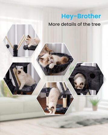 Дряпак-вігвам Hey-brother 134,6 см, котячий комплекс для домашніх котів, котячий будинок з м’яким лежаком, іграшковими м’ячами, великою затишною будкою, гамаками та стовпчиками з сизалю, димчасто-сірий MPJ019-SG