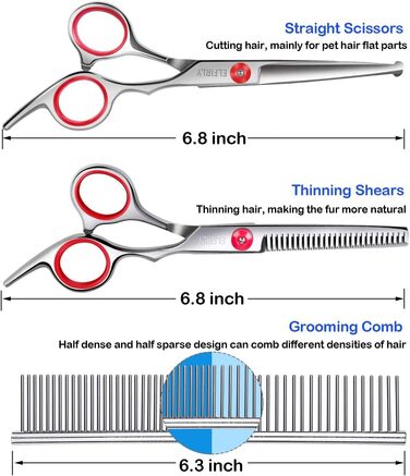 Набір професійних ножиць для грумінгу собак Elfirly: нержавіюча сталь, заокруглені кінчики, ножиці для розрідження, вигнуті ножиці, набір для стрижки шерсті тварин з триммером для нігтів (червоний)