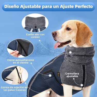 Зимовий одяг для собак SlowTon: тепла куртка з флісу, водонепроникна та вітронепроникна, з нашийником-гетром та світловідбиваючими смугами, регульована, для цуценят, темно-синій, розмір S