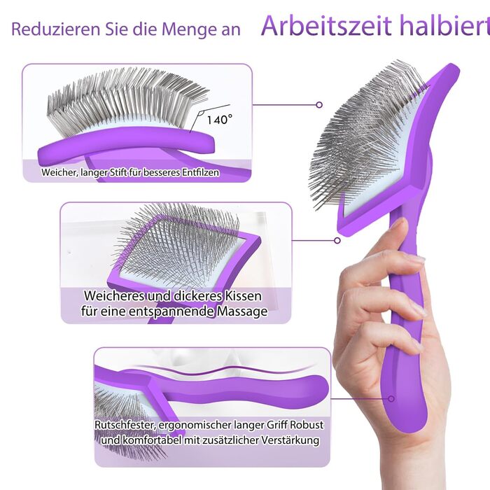 COZYGIFT щітка для собак з середньою та довгою шерстю, велика, для видалення шерсті, ковтунів і вузлів, з довгими щетинками, у комплекті гребінець, фіолетова