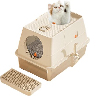 Hapihom котячий туалет із нержавіючої сталі з кришкою 60×40×39 см, закритий металевий туалет для котів із піщаним фільтром, педаллю та лопаткою, XXL, знімний високий борт, легко очищається, колір хакі