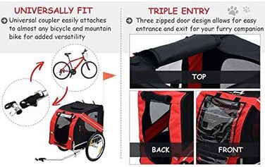 Багатофункціональний велопричіп 2-в-1: для дітей та домашніх тварин. Велосипедний причіп-візок, 2 місця, 137x73x90 см (червоний та чорний)
