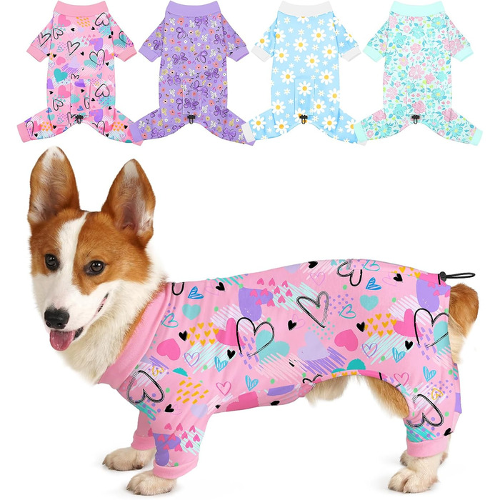 Піжама для собак Bienbee, комплект 4 шт. (серця, квіти), розмір M, дихаюча, еластична, для дрібних, середніх та великих собак, цуценят, хлопчиків та дівчаток