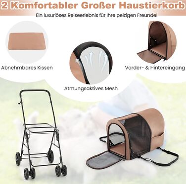 GYMAX Складаний візок для собак, буги для тварин з 2 знімними кишенями, візок для собак з передніми та задніми дверцятами, переноска для домашніх тварин з сітчастою тканиною та колесами з гальмом, переноска для собак та котів (Бежевий)