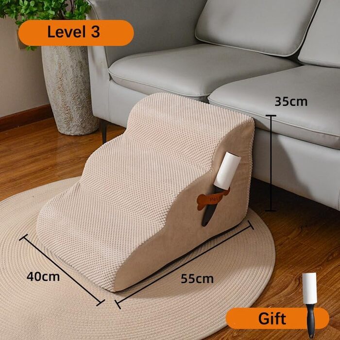 Сходинка для собак маленьких порід, плюшевий чохол, сходи для домашніх тварин, сходинка для котів, пандус для собак до ліжка, дивану, авто, неслизька, пологий кут (48*40*30см, Бежевий, 3), (56*40*35см)