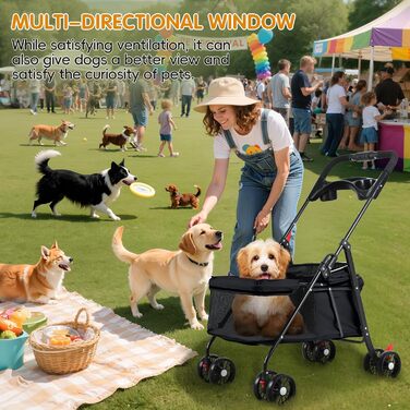 Візок для тварин для маленьких собак і котів, складаний, 4 колеса, легкий, з дихаючим мережем та тримачем для напоїв, чорний