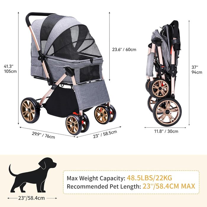 Візок для собак DWVO 3-в-1: візок, переноска, сумка для собак, до 22 кг, сірий (58.5x76x105 см)