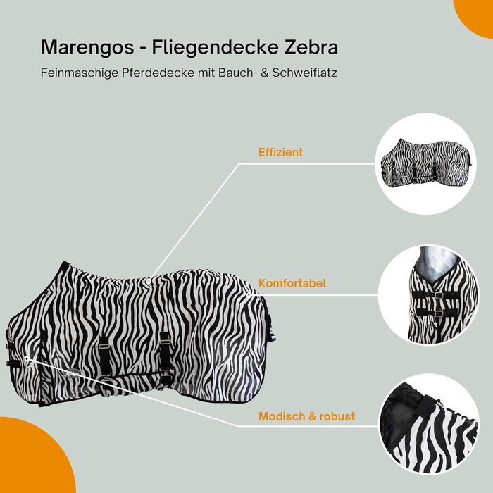 Маренгос - захисна маскувальна попона для коня Zebra, дрібна сітка, з бічною та хвостовою накладкою, від комах, з складкою для руху та подвійною застібкою, для вулиці, 75 см