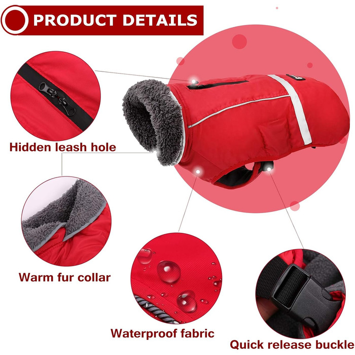 Зимовий одяг для собак QBLEEV: тепла, водонепроникна куртка з флісовою підкладкою, накидка для холодної погоди, червона, для всіх розмірів, обхват грудей 50-79 см