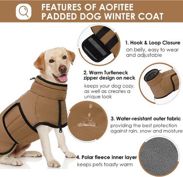 Теплий зимовий одяг для собак великих порід AOFITEE: водонепроникна куртка з флісу з коміром-хомутом, для Коргі, Бордер Коллі (L, Коричневий)