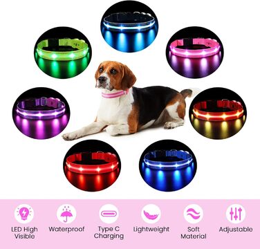 Світлодіодна нашийник для собак ASBRILL, перезарядна, 7 кольорів RGB, 8 світлодіодів, регульована, вологостійка, для маленьких, середніх та великих собак, (M, Рожевий)