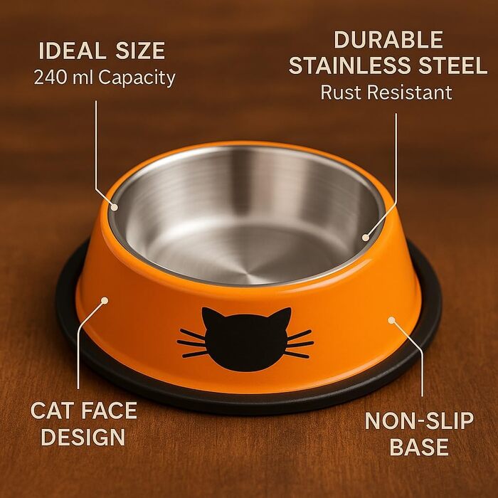 Набір мисок для котів PawPourri з нержавіючої сталі, протиковзкі, 2 шт (230 мл, сірий, червоний, помаранчевий, чорний)