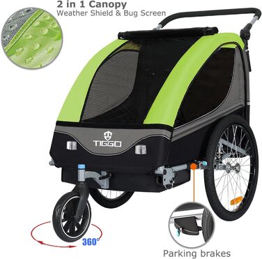 Дитячий причіп Tiggo S2 2-в-1 з підвіскою та поворотним з'єднанням 360° (зелений)