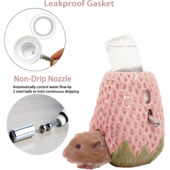 Келіві Водяна пляшка для хом'яків, керамічна, у формі полуниці, 80 мл, з двома некраплями, для сирійських хом'яків, мишей, ґризунів (червона)