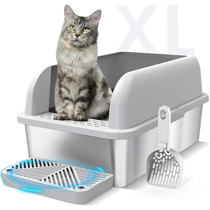 Закритий котячий туалет XXL 37 л з нержавіючої сталі з кришкою, високі стінки, антипригарний, герметичний, легкий у догляді