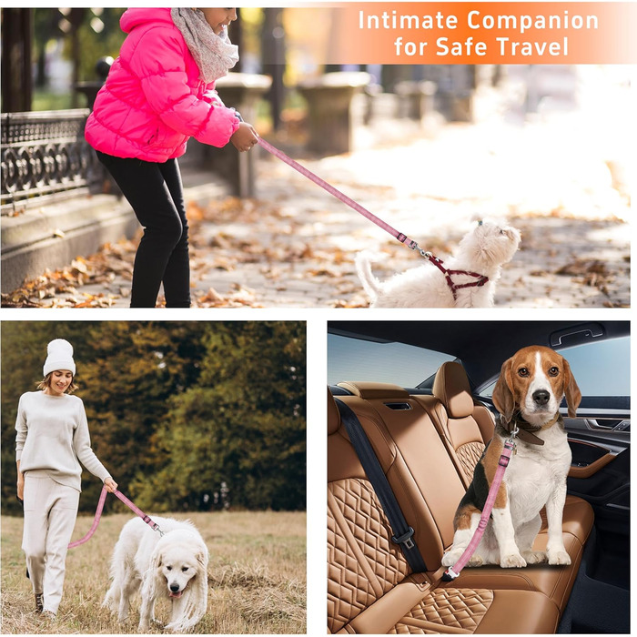 Безпечний поводок для собак у машину Seyezo, 3 шт., регульований, світловідбиваючий, для кріплення до підголів'я, рожевий