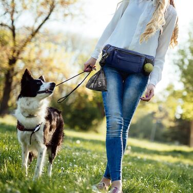 Сумка для ласощів для собак HUND IST KÖNIG: міцна поясна сумка, фідер для собак з дозатором кульок, кишеня для телефону та ремінь для Flexileine (Темно-синій)