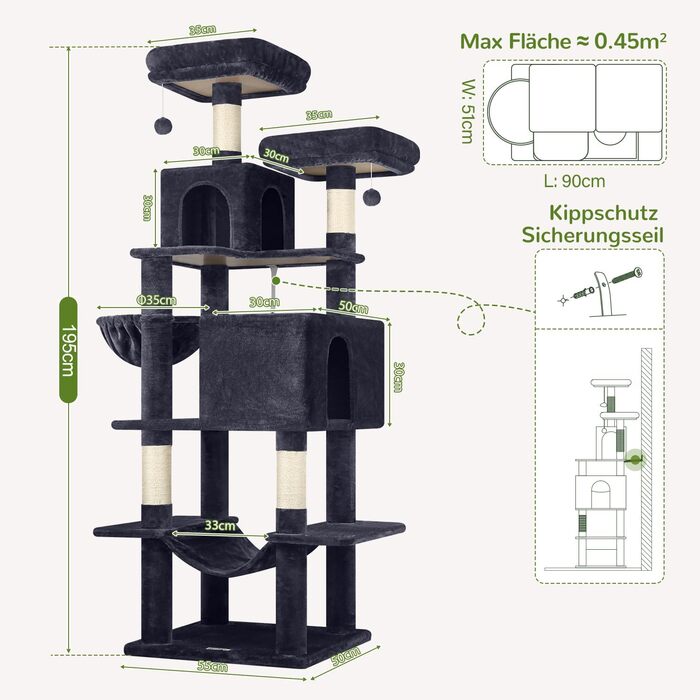 Драбина для котів Globlazer Kaktus XXL 195 см з 2 будиночками, 2 стійками, великою гамаком 50*33 см, кошиком. Стабільна велика драбина для котів, дорослих, відпочинку та ігор в приміщенні (F76).