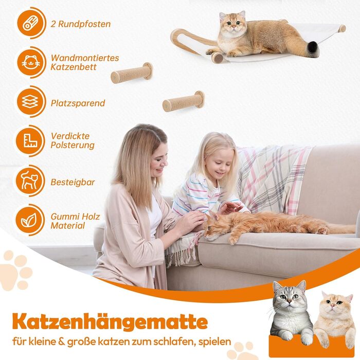 Настінна гамак для котів, комплект для лазіння з масиву дерева з котячою сходинкою - стабільне котяче ліжко, економне місце для сну, лазіння та відпочинку (гамак для котів + 2 сходинки)