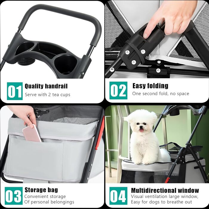 Візок для тварин для маленьких собак та котів, складаний, сірий, з поворотними колесами та регульованим капюшоном