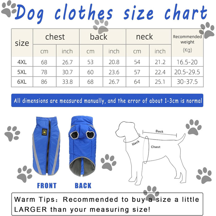 Зимова куртка для собак, тепла водонепроникна куртка для середніх та великих собак, флісова підкладка, світловідбиваючі елементи, для Лабрадора, Бульдога, Самоеда (5XL/60см, Синій)
