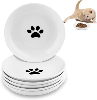 Набір мисок для котів CROUTE 6 шт. з кераміки - широкі миски для котів, анти-високочування, білий колір, з принтом лапки