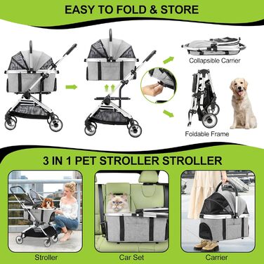 3-в-1 Візок для собак з знімним сидінням, переноска, сумка-трансформер, складаний, до 20 кг (сірий)