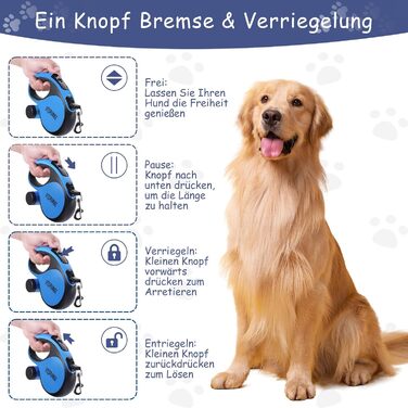 Висувна поводок для собак VTOPVMAX - для середніх та великих собак до 50 кг | Міцний поводок з безпечним кабелем, дозатор для відходів та гальмо однією рукою (Білий) Білий (8 м, Синій)