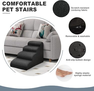 Сходинки для собак Mozvvco - 4 сходинки, для маленьких собак, м'який матеріал, знімний чохол, чорного кольору