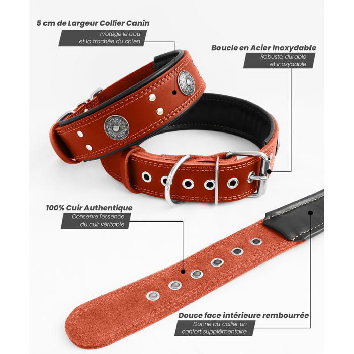 Стильний шкіряний нашийник для собак, ручної роботи, 5 см, червоний, розмір 38-49 см