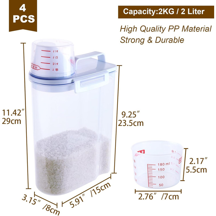 Контейнер для корму для собак MUXHEL, 4 шт., об'єм 2 л, з мірним стаканчиком, зручне зберігання корму для тварин