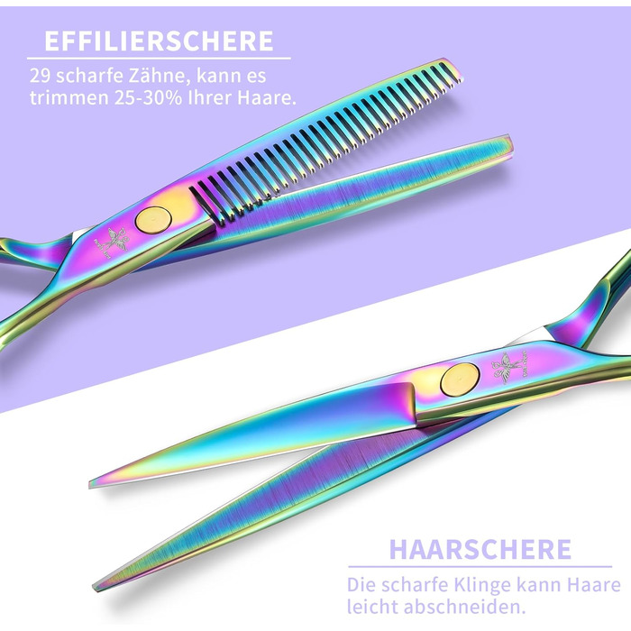 Набір професійних перукарських ножиць PURPLEBIRD (10 шт.) з нержавіючої сталі: перукарські ножиці та ножиці для витончення. Ідеально для барберів, перукарів та початківців. Кольори: райдужні.