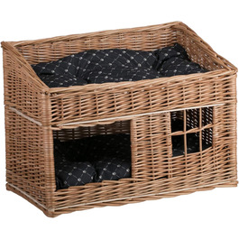Кішка Будиночок з ротангу прямокутний, двоярусний, з подушкою та вікном (натуральний, чорний)