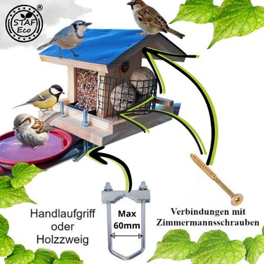 Годівниця для птахів на балкон Vogelfutterhaus, дерев'яна, ручна робота, з кріпленням 30–60 мм, для садових і диких птахів, натуральна, водостійка