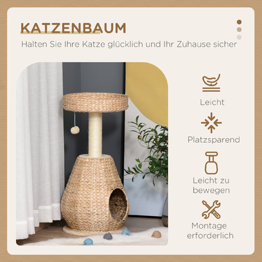 PawHut Cat Tree з котячою печерою 82,5H см, іграшка з сизалю та м'ячем для маленьких котів, стайня та кольорова в жовтому кольорі
