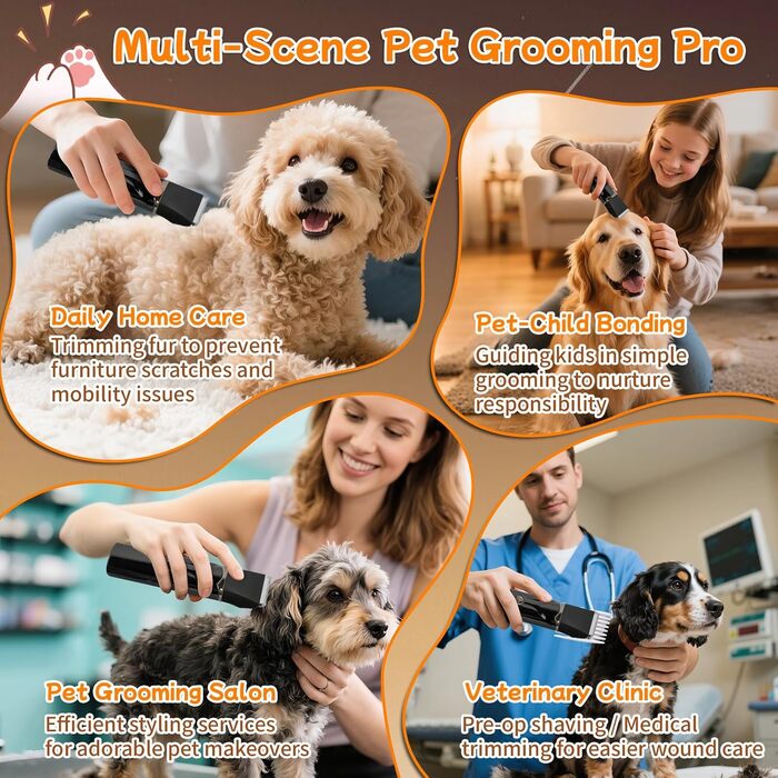 Набір для стрижки собак 4 в 1 Ninonly: тиха, акумуляторна машинка для собак та котів з 4 насадками для тіла, лап, очей та вух. Тример для лап. Чорний колір