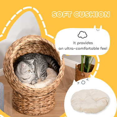 PawHut Ротанг Cat Cave Cat лежак з водяною гіацинтовою подушкою 50x42x60см світло-коричневого кольору для затишного відпочинку