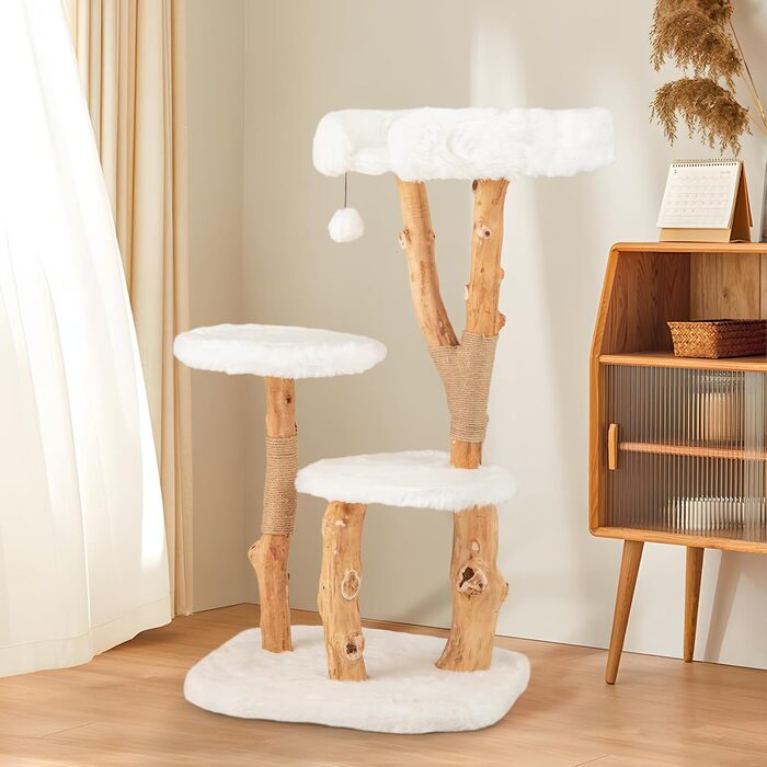 Дерев'яна кігтеточка SOARS для котів з 3-ма стовбурами, ліжком та іграшками, багатоповерхова, 59 x 49 x 110 см, Стиль C