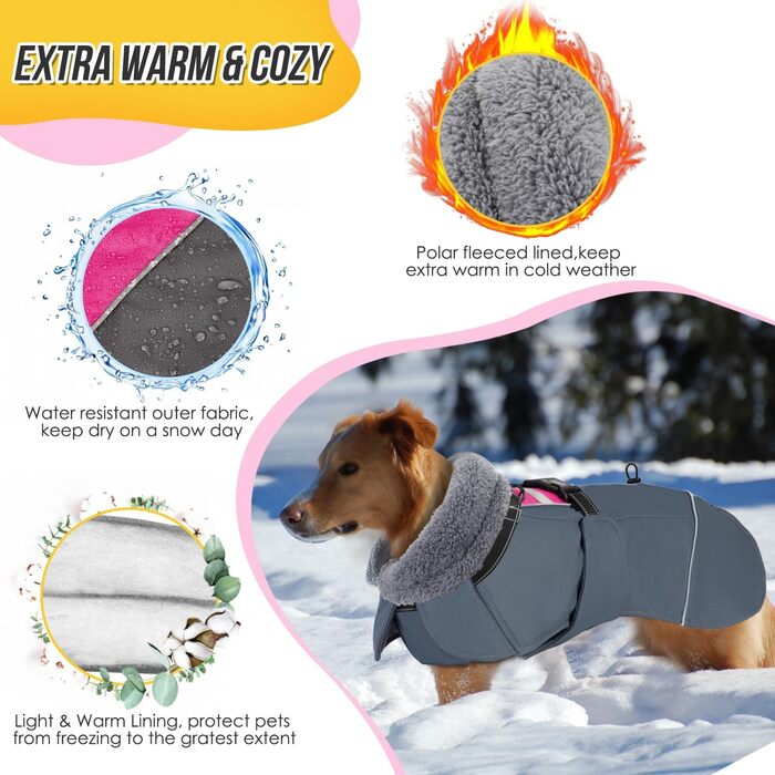 Зимовий собачий одяг SlowTon: водонепроникний, регульований, з флісовою підкладкою та капюшоном, для малих, середніх та великих собак, Tarngrün (Fuchsie, M)