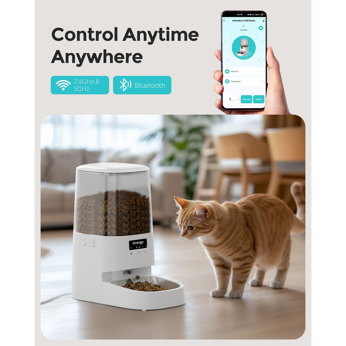 Автоматичний годівник для котів Invengo MeowServe S20, 5л, з таймером та керуванням через додаток, з нержавіючої сталі SUS 304 + ABS, для котів, собак та інших дрібних тварин