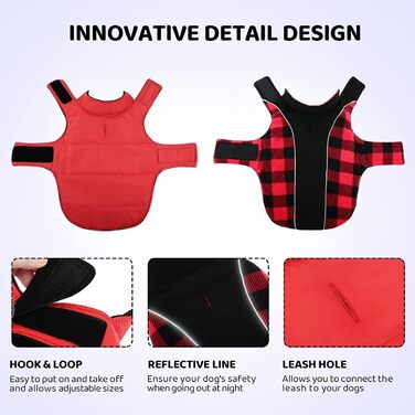 Теплий зимовий одяг для собак, куртка з захистом живота, зимова куртка для собак зі світловідбиваючими елементами, двостороння куртка-сорочка для собак з отвором для повідка, червоний колір, розмір XL X-Large